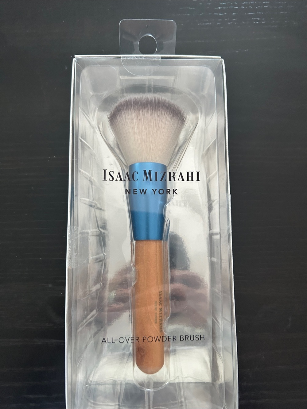 Isaac Mizrahi Blue Ferrule Powder Brush with Tan Handle